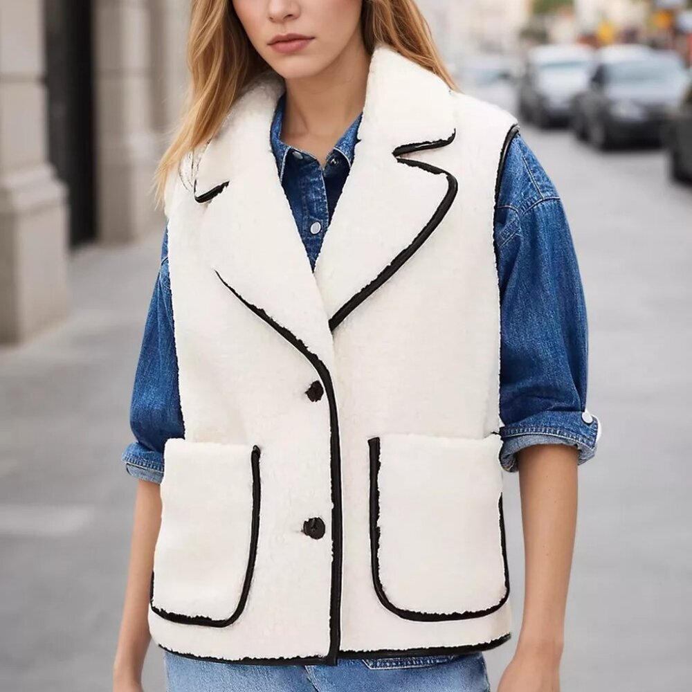 Sherpa Fleece Vest Coat with Contrast Trim